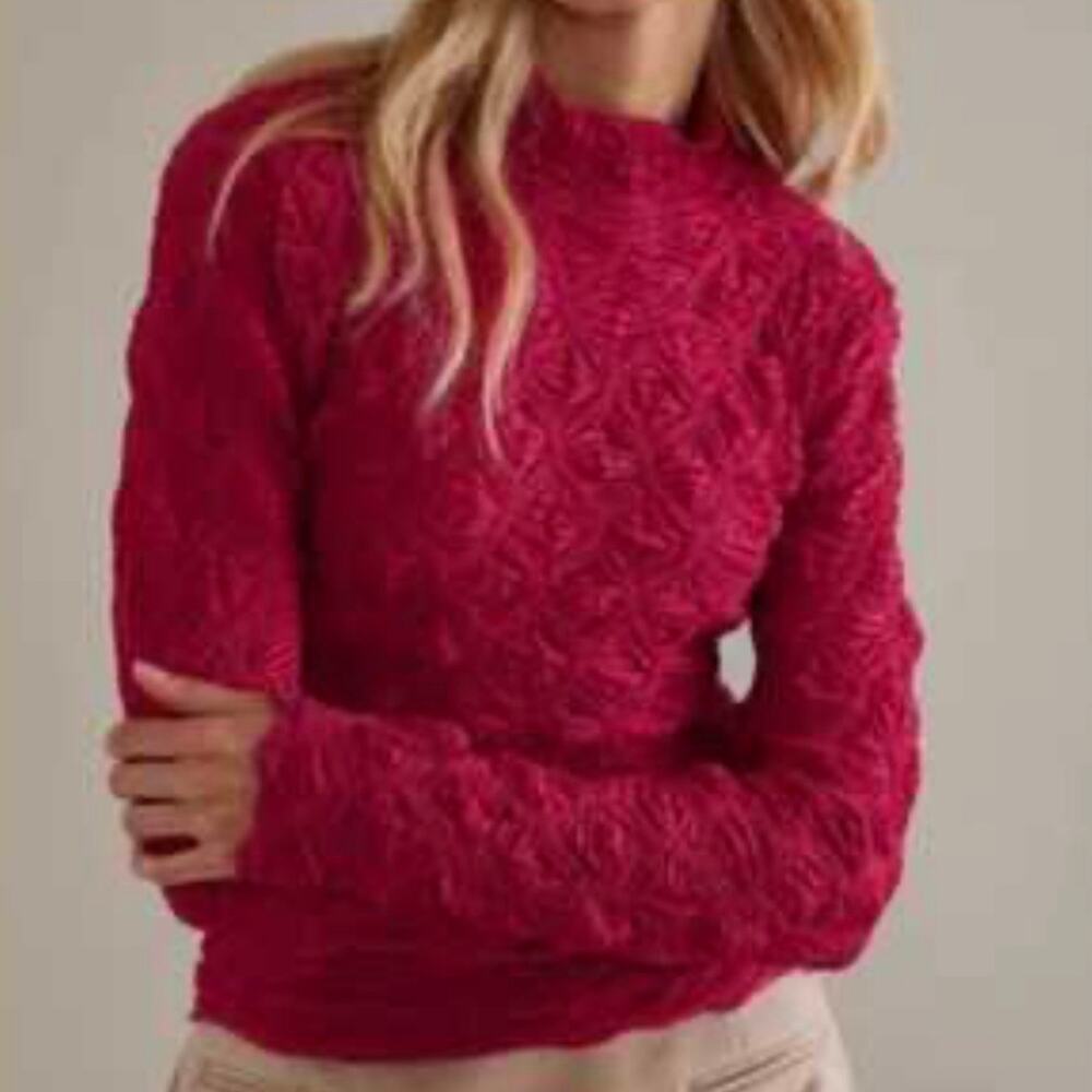 ANTHROPOLOGIE x MAEVE | Hot Pink Mock Neck Stretch Semi Sheer Blouse | XL